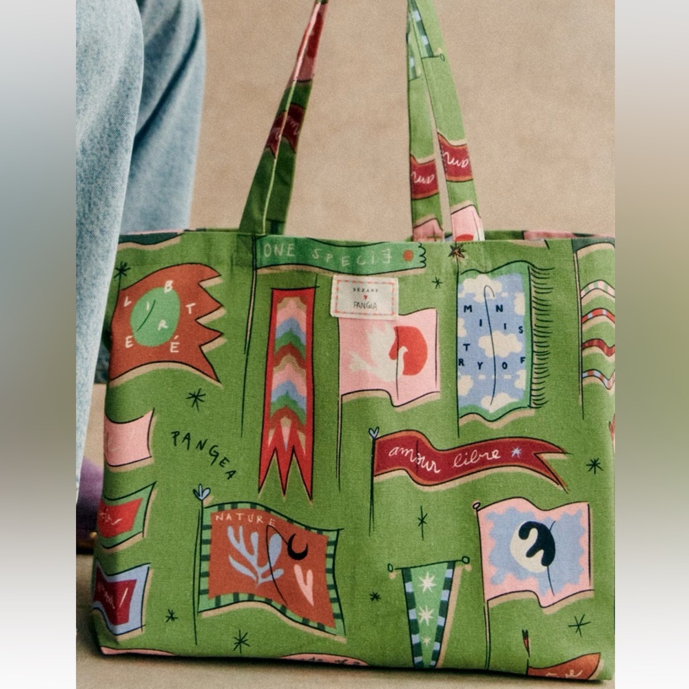 Sézane x Pangea Tote Bag Drapeau Fond Vert - NWT - Picture 8 of 10